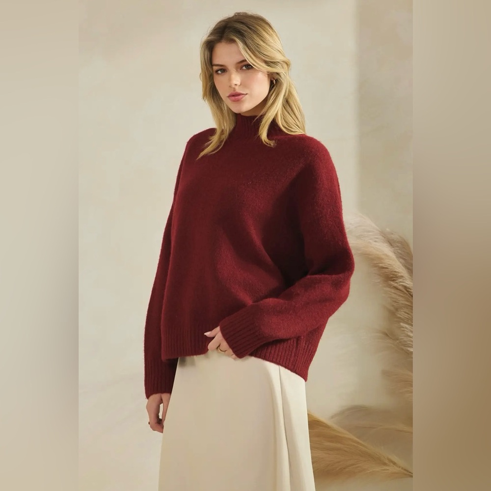 165. Claret, wool blend mock neck sweater, burgundy, various sizes